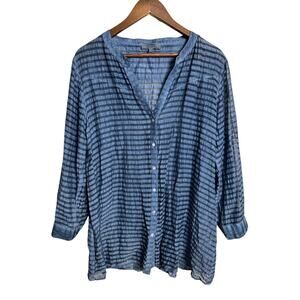 Yauvan Blue Shadow Stripe Cotton Viscose Tunic Blouse Roll Tab Sleeve size L